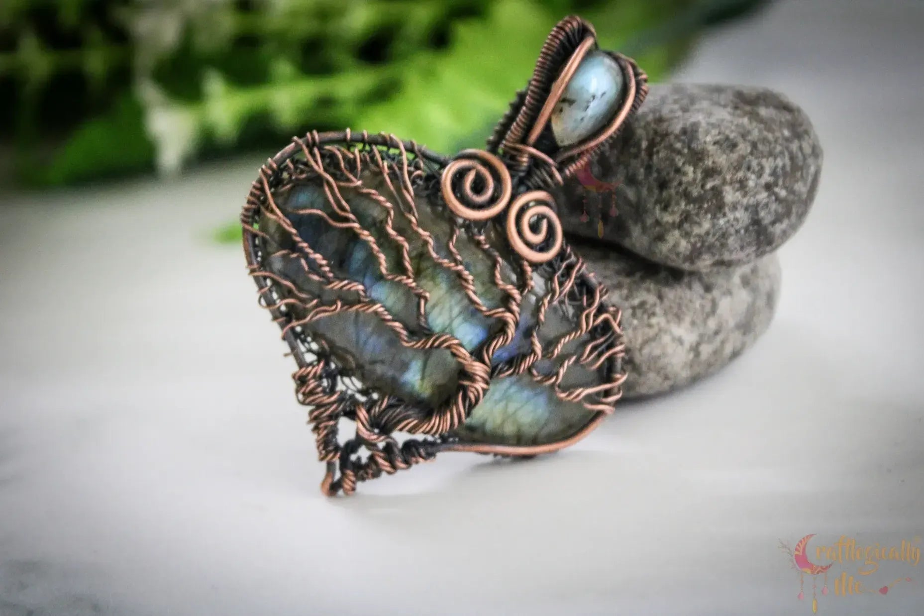 Labradorite Gemstone Drop Tree of Life Pendant – Handmade Oxidized Copper Wire Wrapped Jewelry