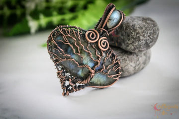 Labradorite Gemstone Drop Tree of Life Pendant – Handmade Oxidized Copper Wire Wrapped Jewelry