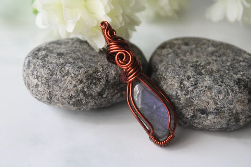 Purple Labradorite Gemstone Minimal Pendant – Handmade Anti-Tarnish Copper Wire Wrapped Jewelry