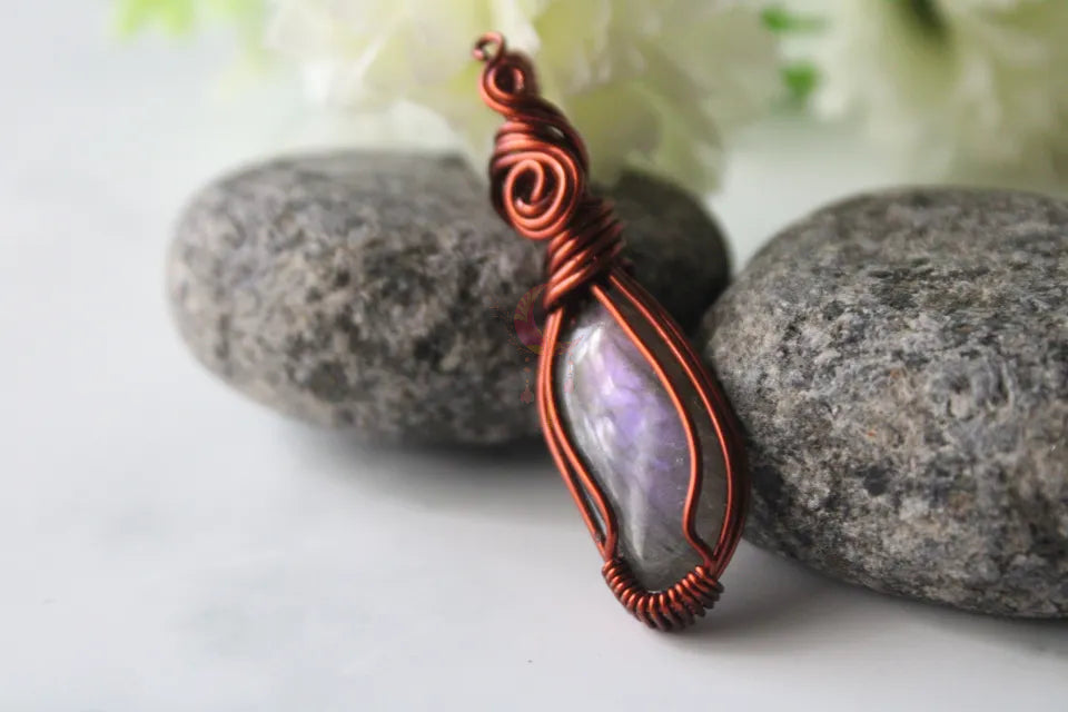 Purple Labradorite Gemstone Minimal Pendant – Handmade Anti-Tarnish Copper Wire Wrapped Jewelry