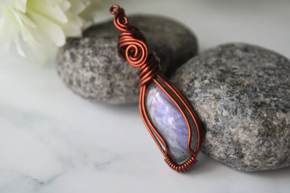 Purple Labradorite Gemstone Minimal Pendant – Handmade Anti-Tarnish Copper Wire Wrapped Jewelry