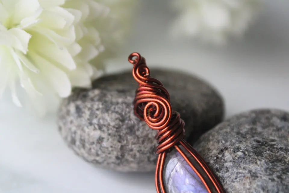 Purple Labradorite Gemstone Minimal Pendant – Handmade Anti-Tarnish Copper Wire Wrapped Jewelry