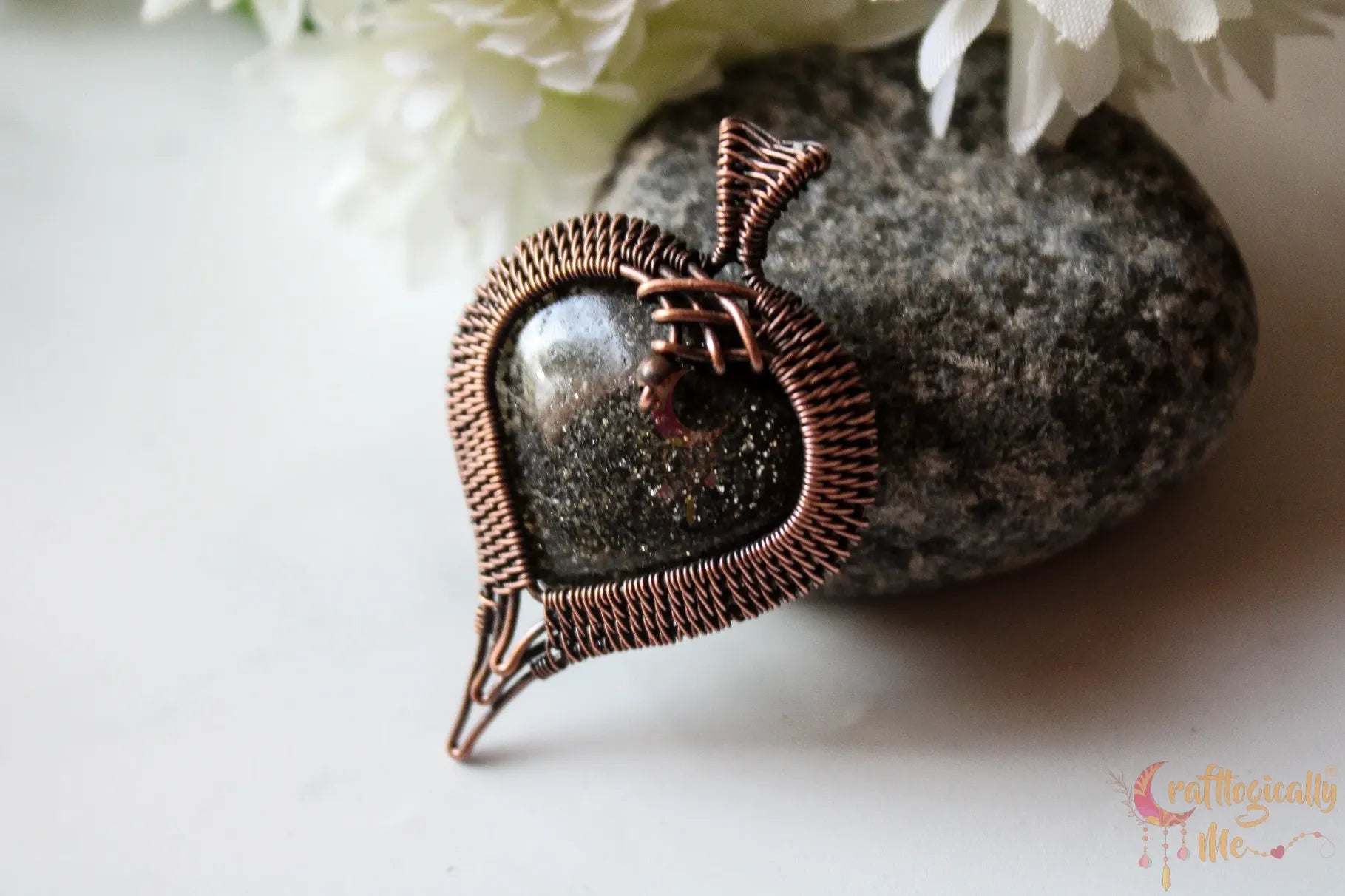 Black Sunstone Gemstone Heart Pendant – Handmade Oxidized Copper Wire Wrapped Jewelry
