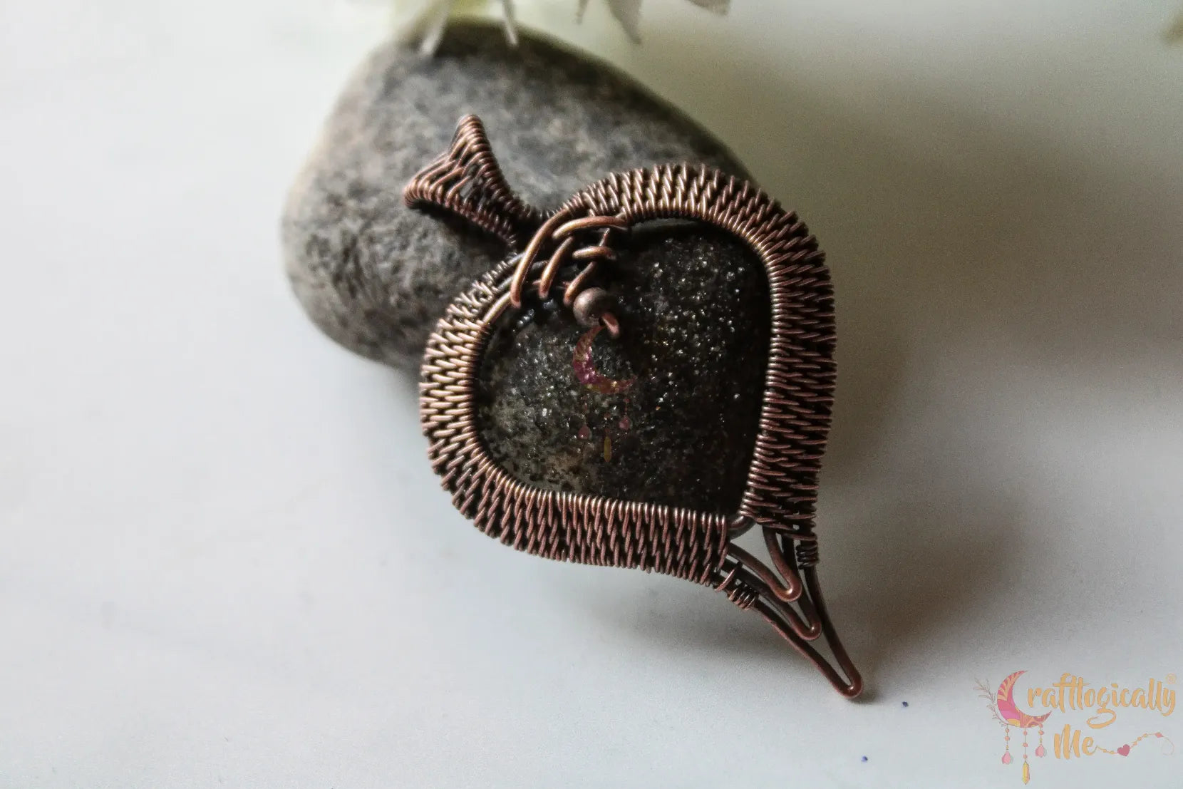 Black Sunstone Gemstone Heart Pendant – Handmade Oxidized Copper Wire Wrapped Jewelry
