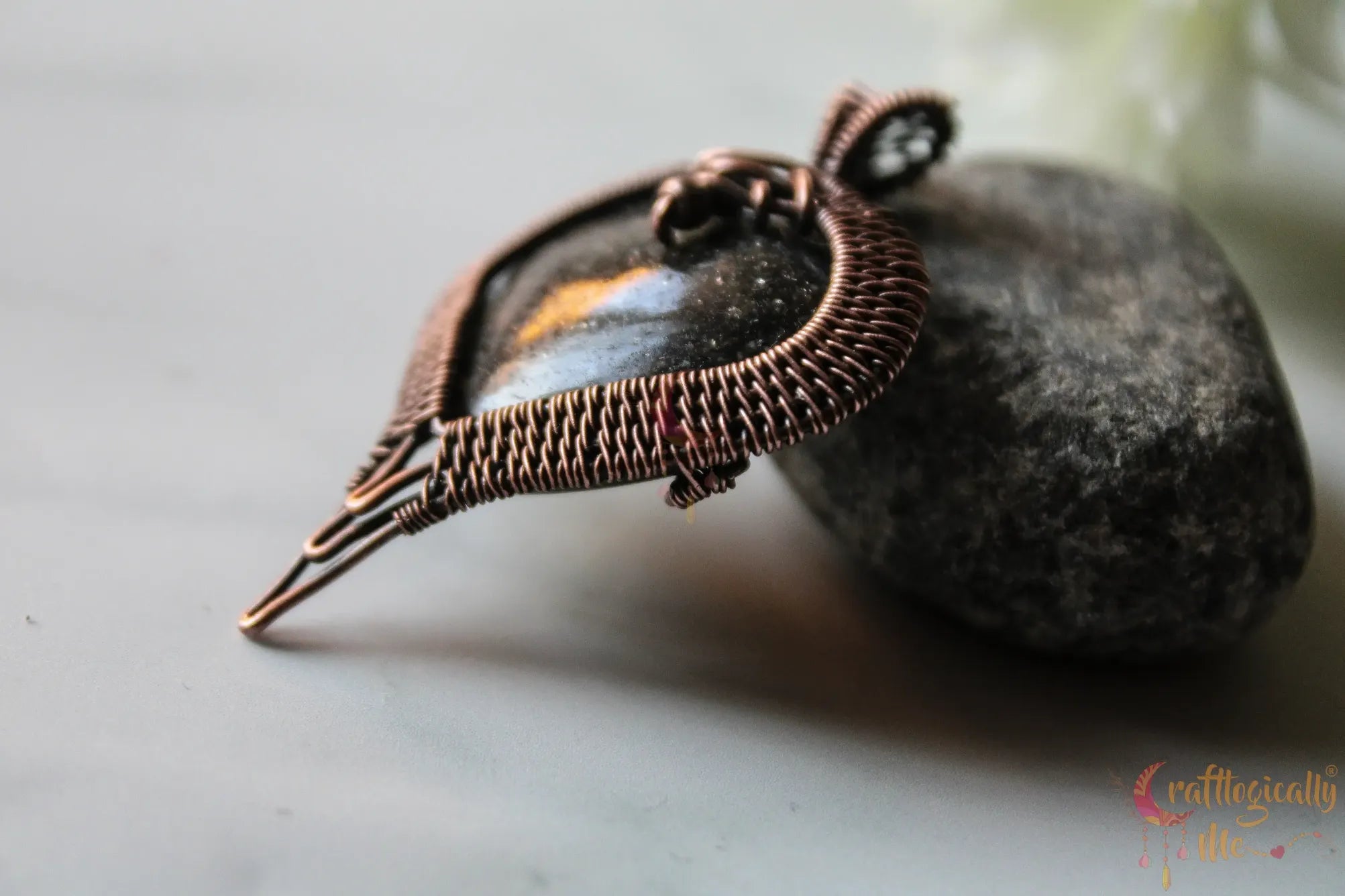 Black Sunstone Gemstone Heart Pendant – Handmade Oxidized Copper Wire Wrapped Jewelry