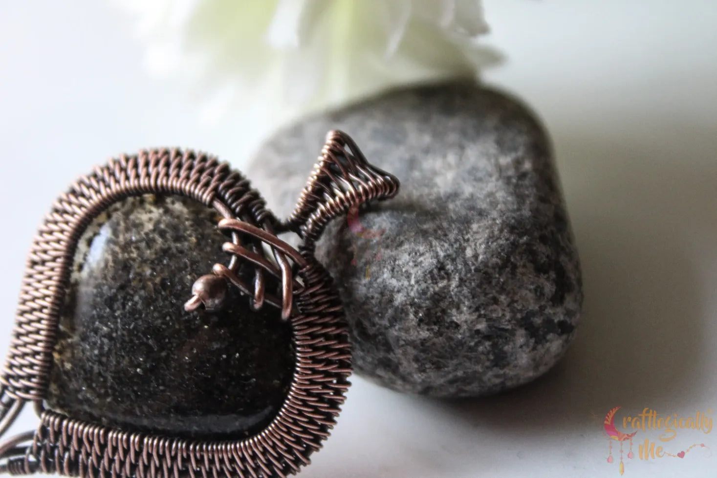 Black Sunstone Gemstone Heart Pendant – Handmade Oxidized Copper Wire Wrapped Jewelry