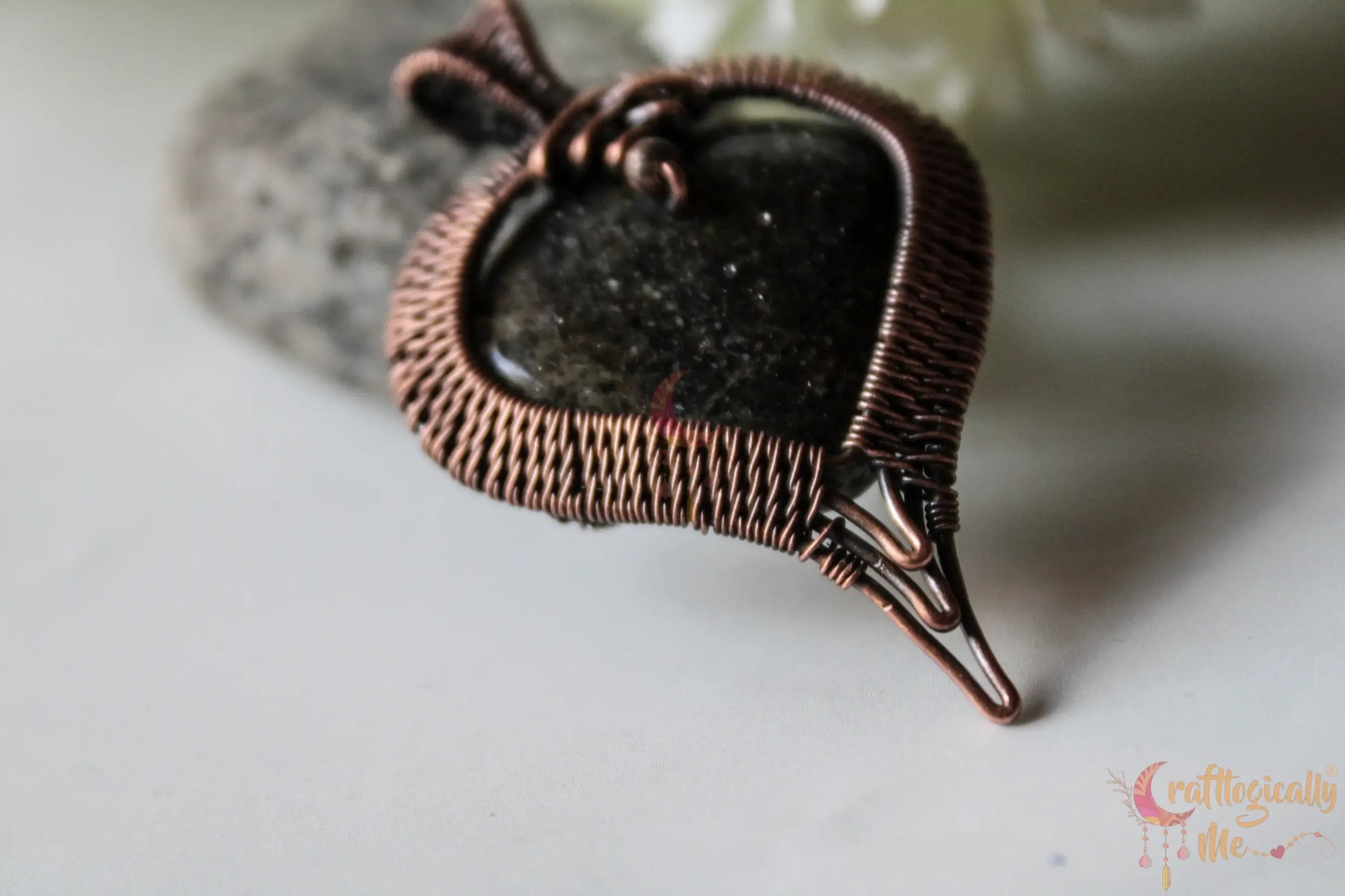 Black Sunstone Gemstone Heart Pendant – Handmade Oxidized Copper Wire Wrapped Jewelry