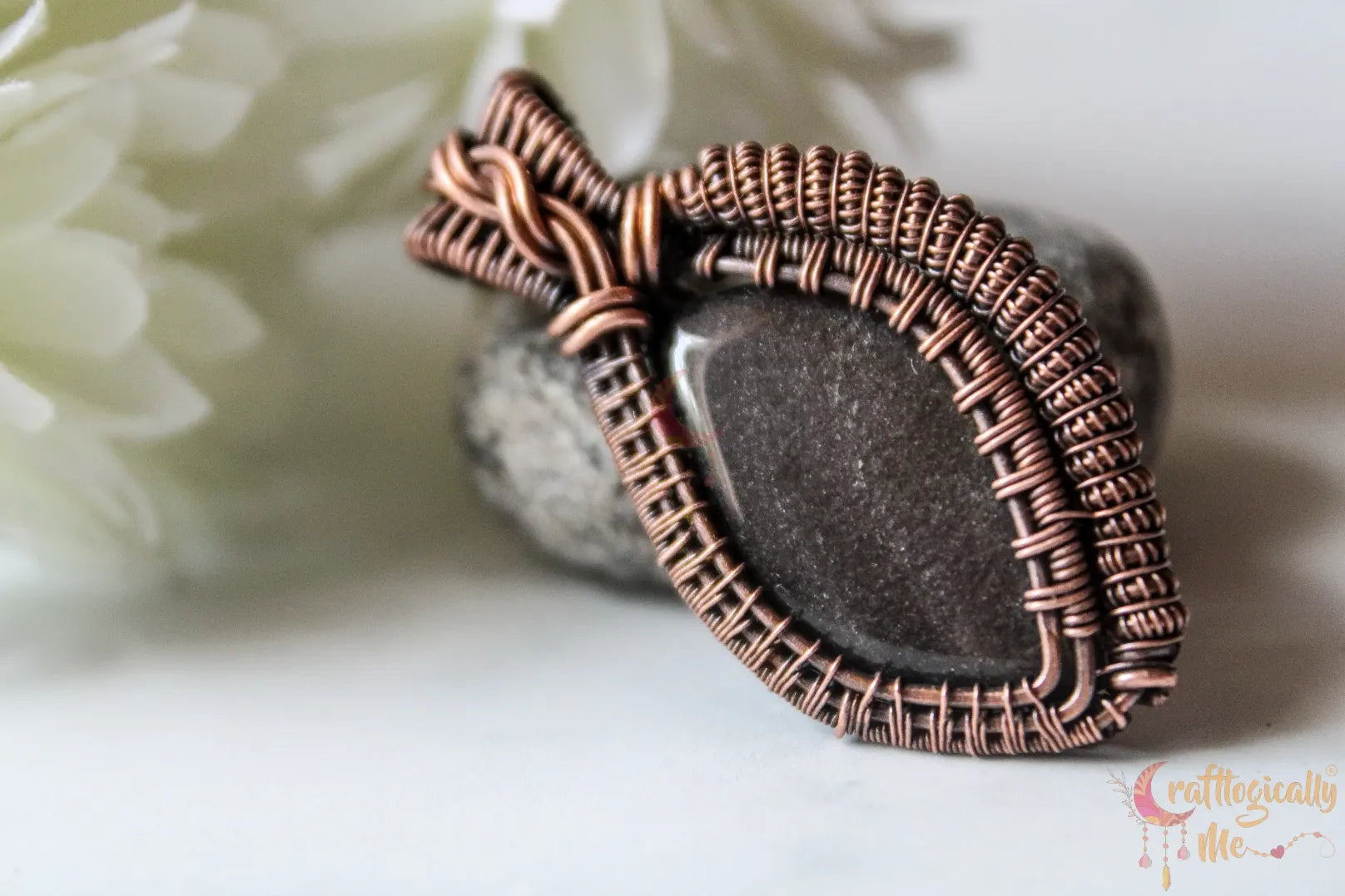 Silver Obsidian Gemstone Pendant – Handmade Oxidized Copper Wire Wrapped Jewelry