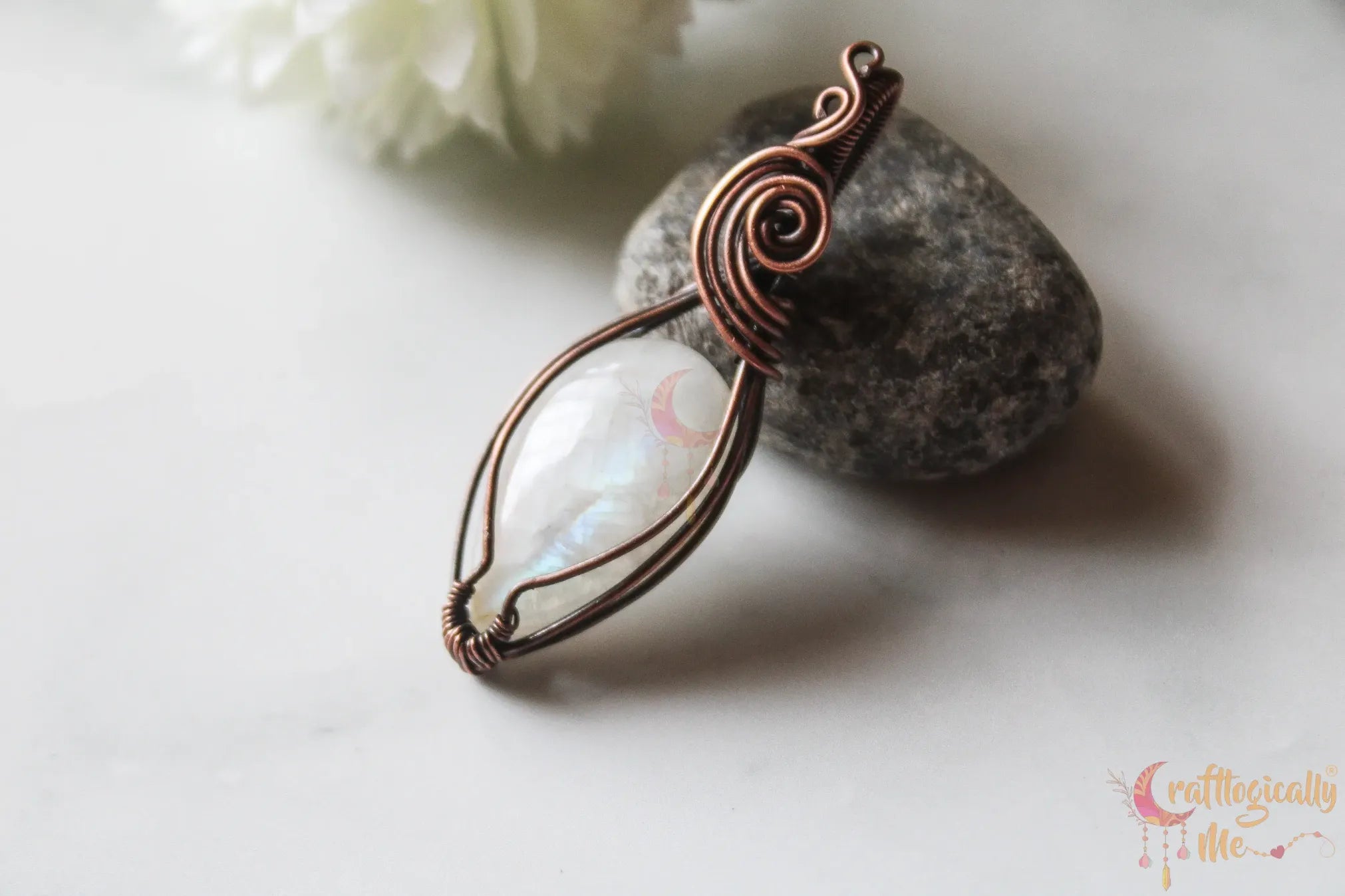 Rainbow Moonstone Gemstone Drop Pendant – Handmade Oxidized Copper Wire Wrapped Jewelry