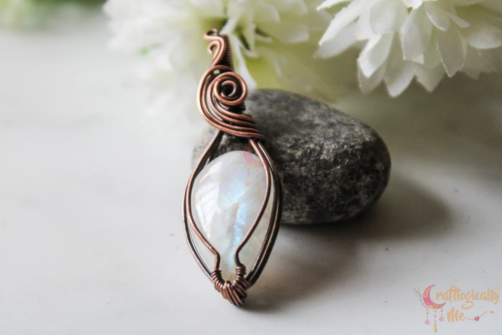 Rainbow Moonstone Gemstone Drop Pendant – Handmade Oxidized Copper Wire Wrapped Jewelry
