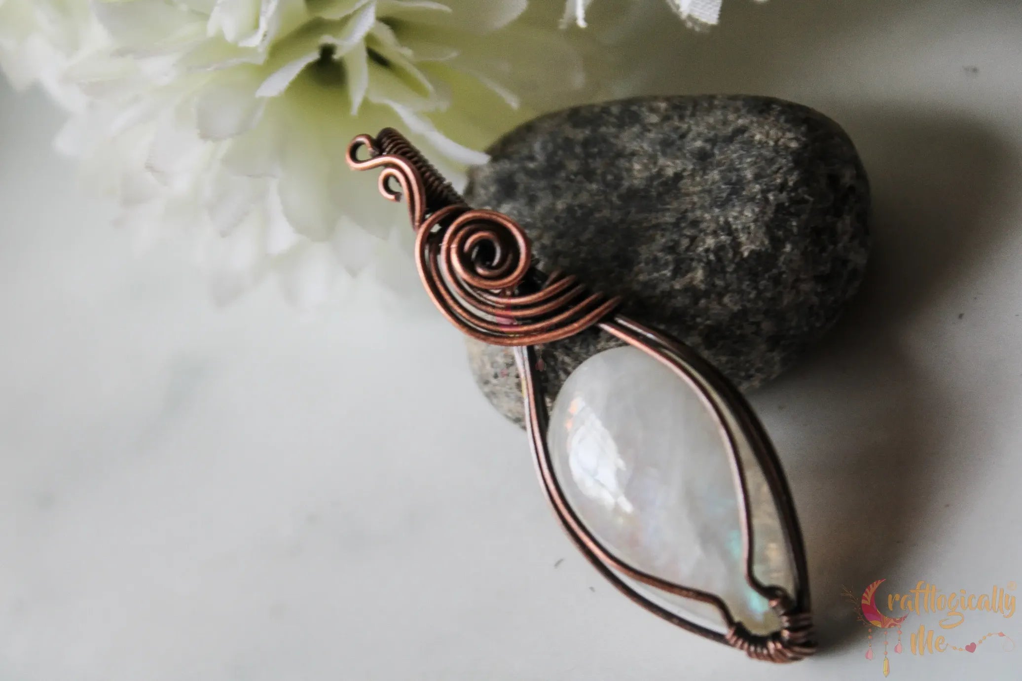 Rainbow Moonstone Gemstone Drop Pendant – Handmade Oxidized Copper Wire Wrapped Jewelry