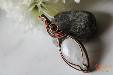 Rainbow Moonstone Gemstone Drop Pendant – Handmade Oxidized Copper Wire Wrapped Jewelry
