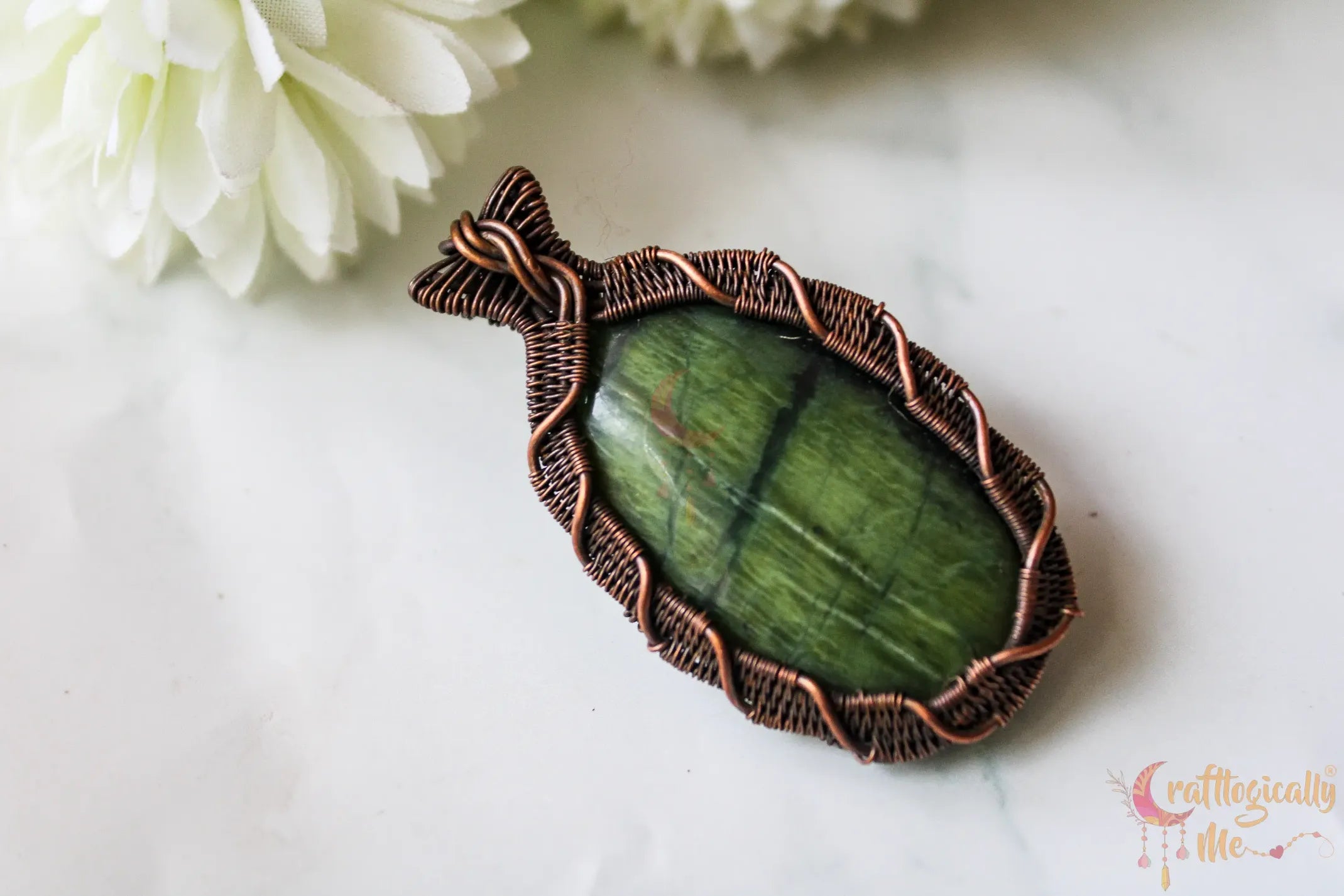 Green Jasper Gemstone Crisscross Weave Pendant – Handmade Wire Wrapped Copper Jewelry