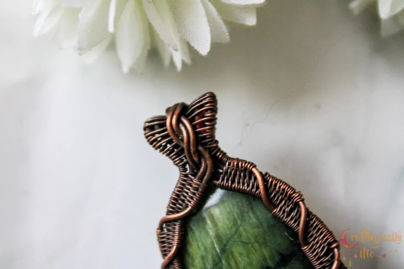 Green Jasper Gemstone Crisscross Weave Pendant – Handmade Wire Wrapped Copper Jewelry