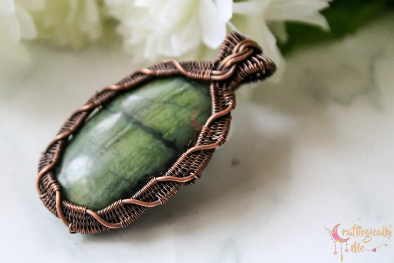 Green Jasper Gemstone Crisscross Weave Pendant – Handmade Wire Wrapped Copper Jewelry