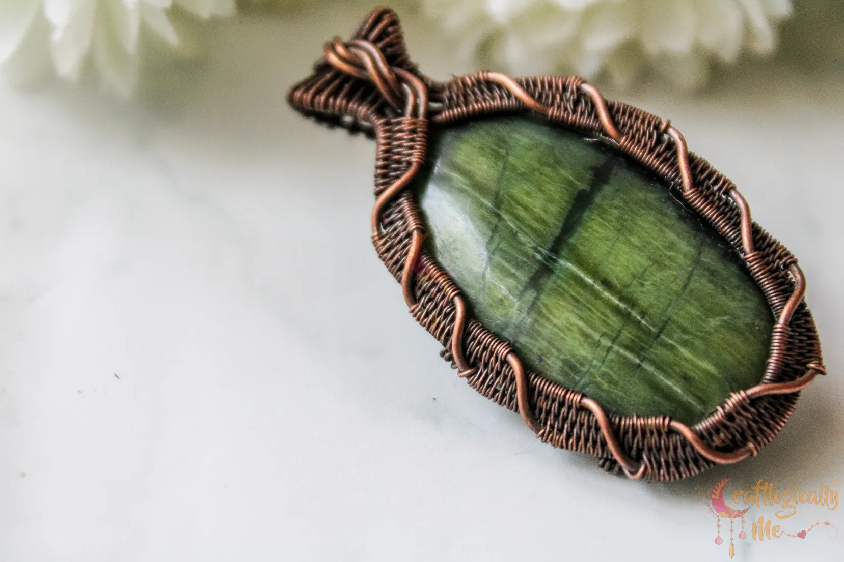 Green Jasper Gemstone Crisscross Weave Pendant – Handmade Wire Wrapped Copper Jewelry