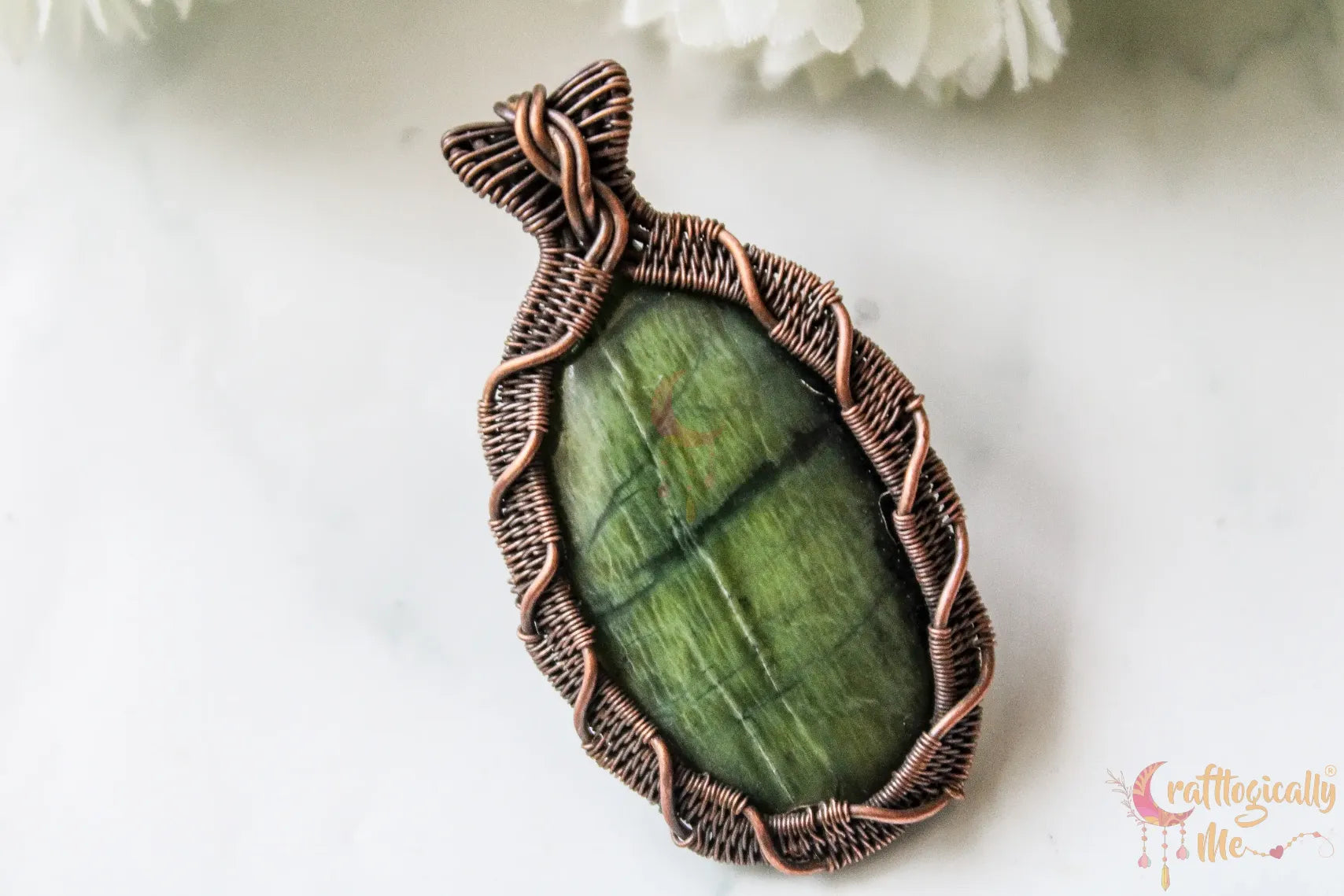 Green Jasper Gemstone Crisscross Weave Pendant – Handmade Wire Wrapped Copper Jewelry
