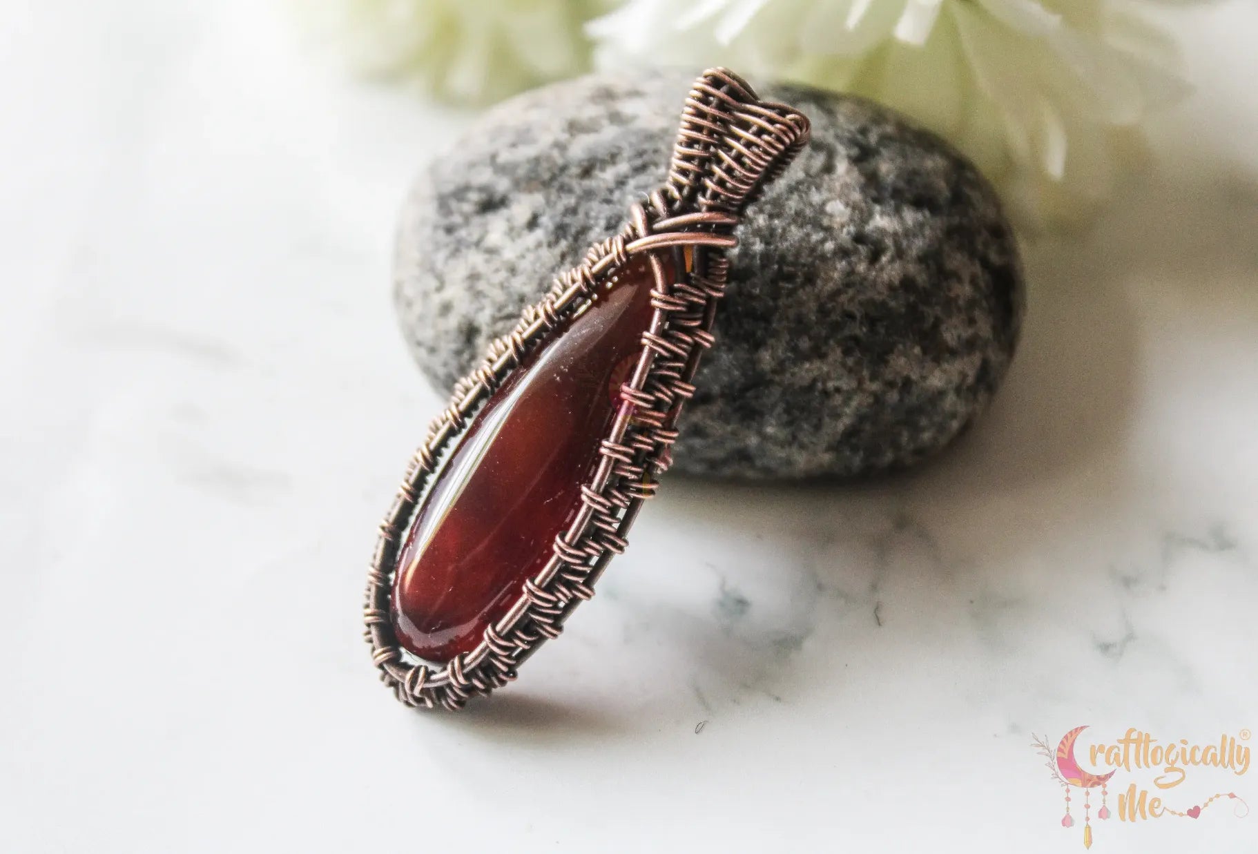 Agate Gemstone Wire Wrapped Pendant – Handmade Oxidized Copper Jewelry