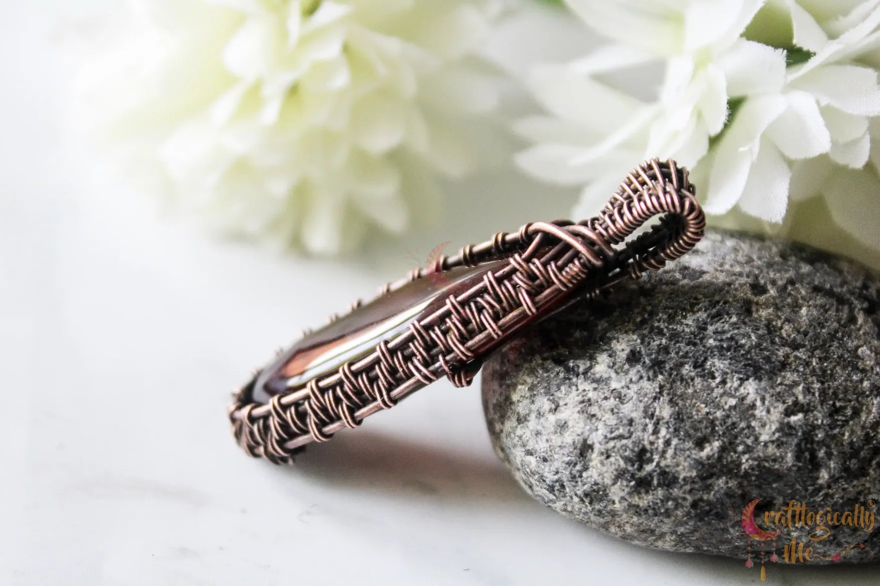 Agate Gemstone Wire Wrapped Pendant – Handmade Oxidized Copper Jewelry