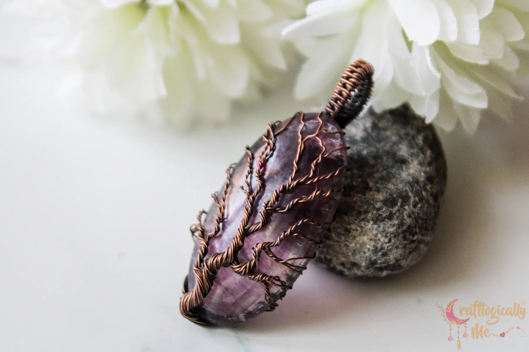 Fluorite Gemstone Tree of Life Oxidized Copper Wire Wrap Pendant