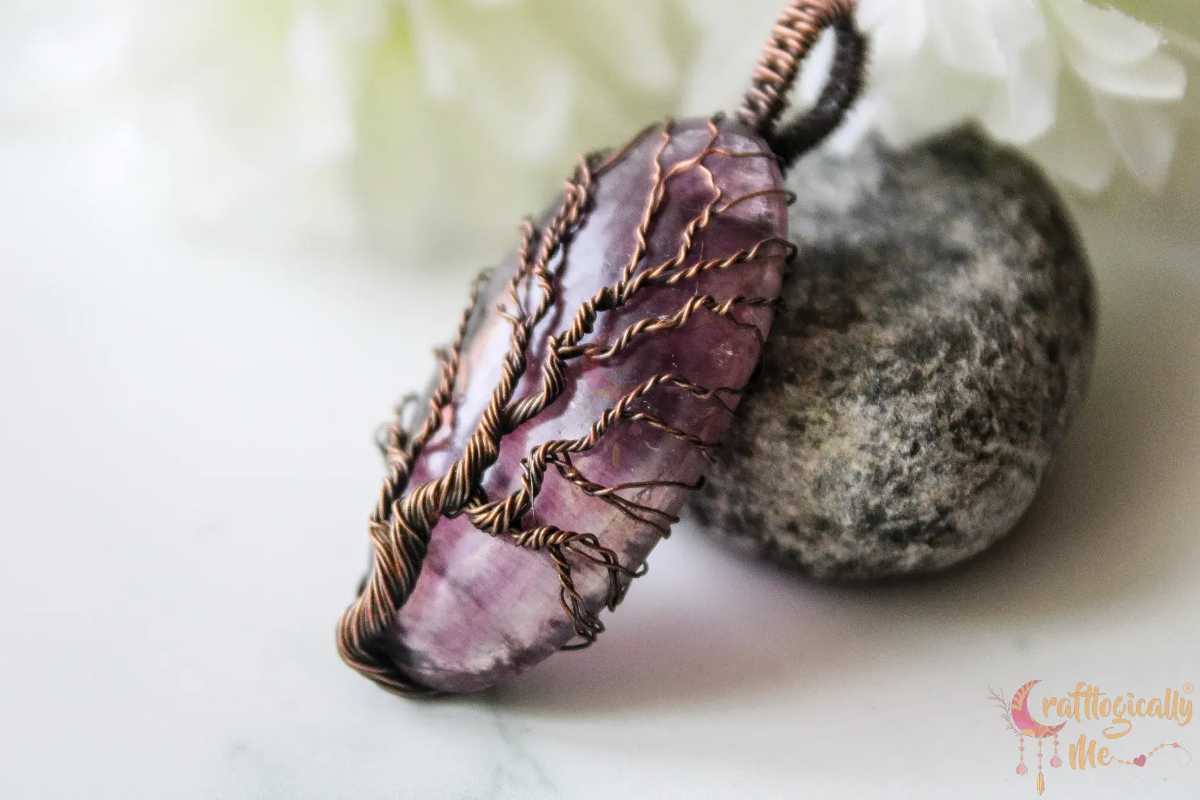 Fluorite Gemstone Tree of Life Oxidized Copper Wire Wrap Pendant