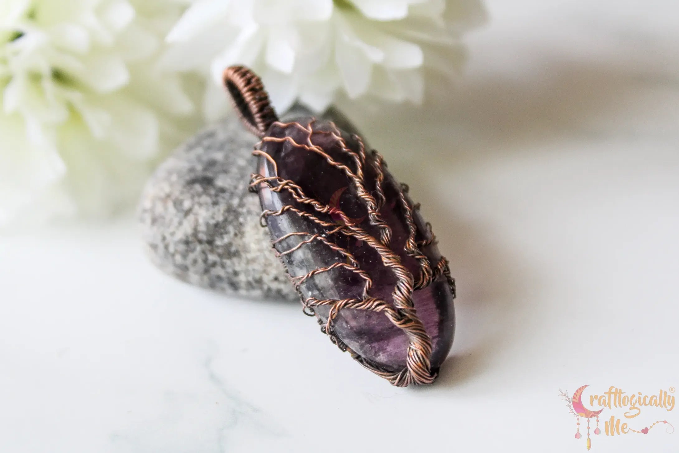 Fluorite Gemstone Tree of Life Oxidized Copper Wire Wrap Pendant