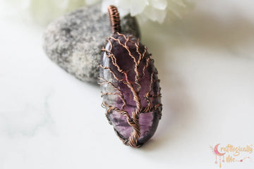 Fluorite Gemstone Tree of Life Oxidized Copper Wire Wrap Pendant