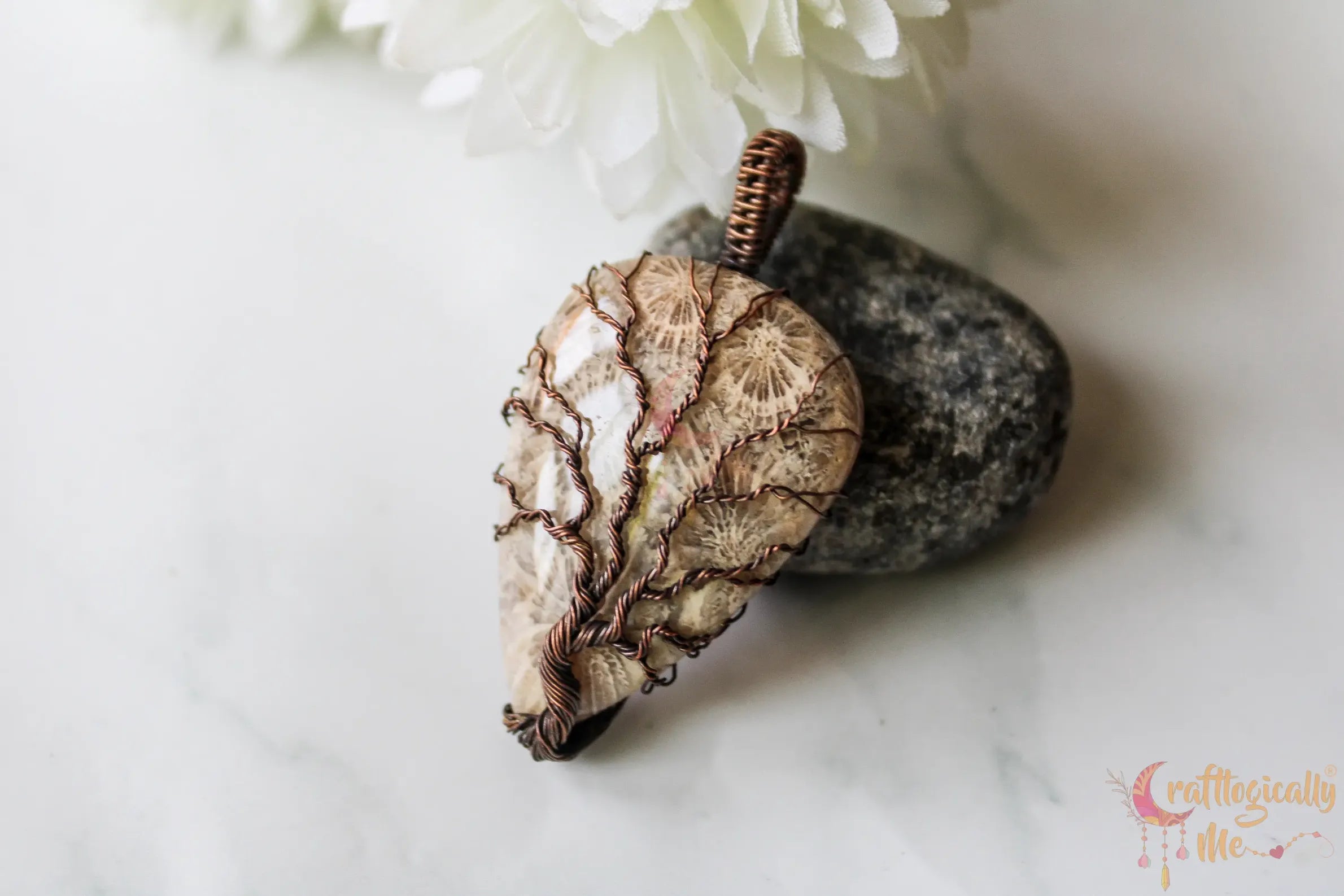 Fossil Jasper Gemstone Tree of Life Pendant – Handmade Oxidized Copper Wire Wrapped Jewelry