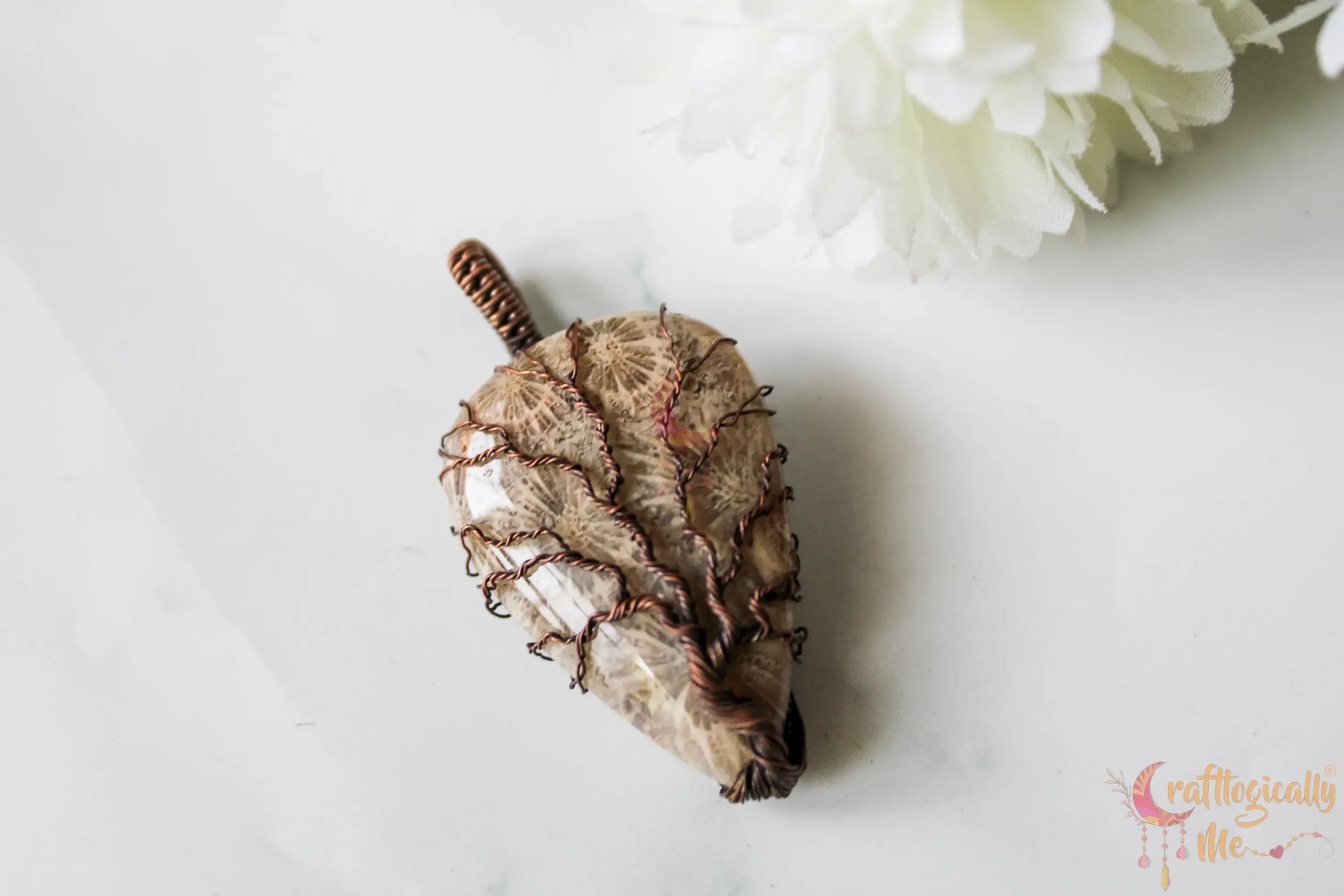 Fossil Jasper Gemstone Tree of Life Pendant – Handmade Oxidized Copper Wire Wrapped Jewelry