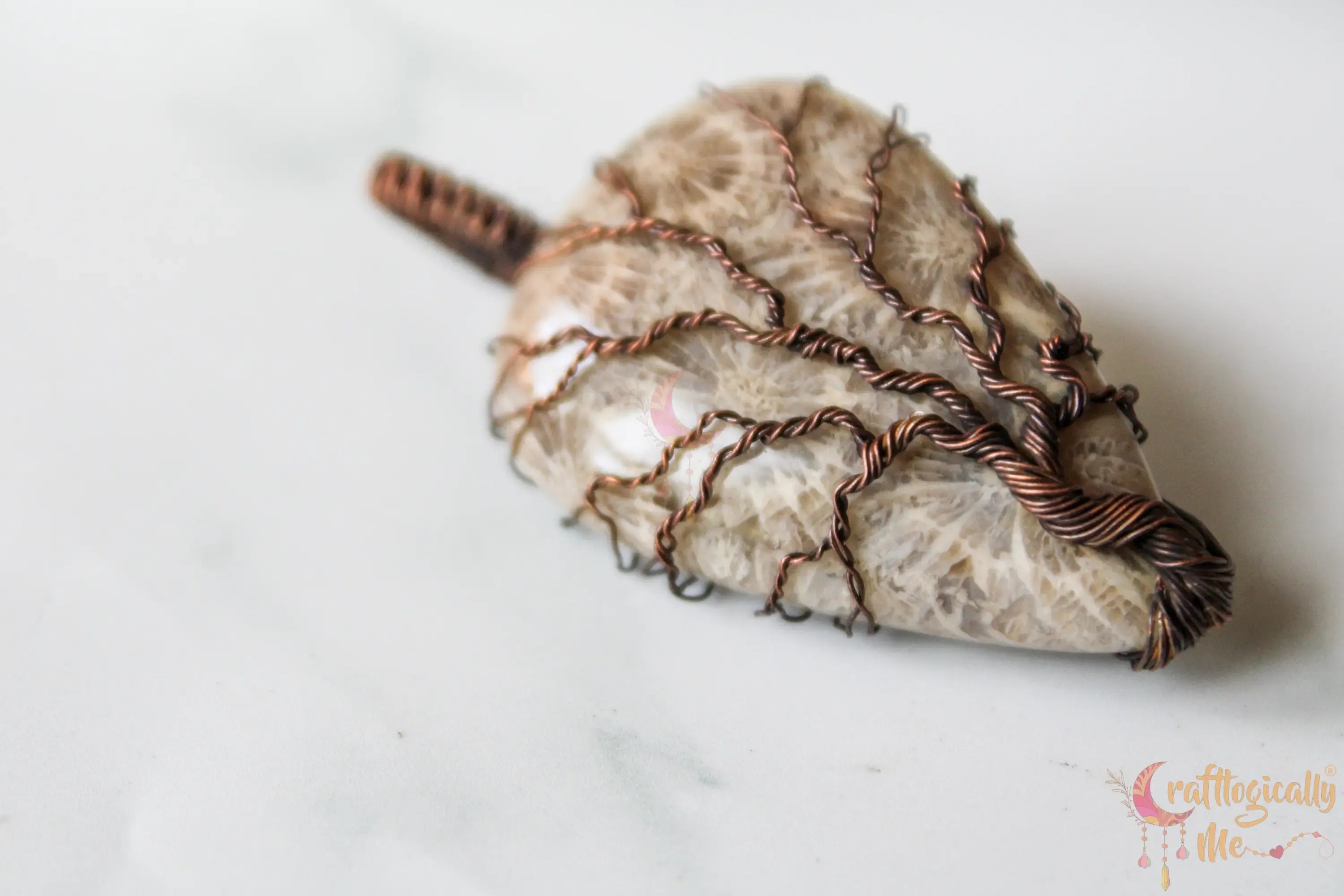 Fossil Jasper Gemstone Tree of Life Pendant – Handmade Oxidized Copper Wire Wrapped Jewelry