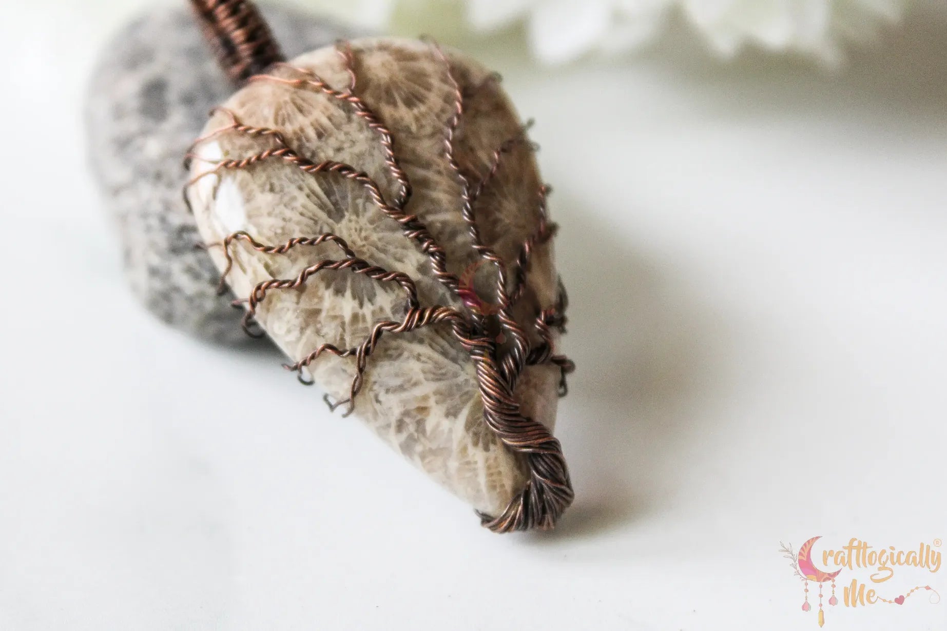 Fossil Jasper Gemstone Tree of Life Pendant – Handmade Oxidized Copper Wire Wrapped Jewelry