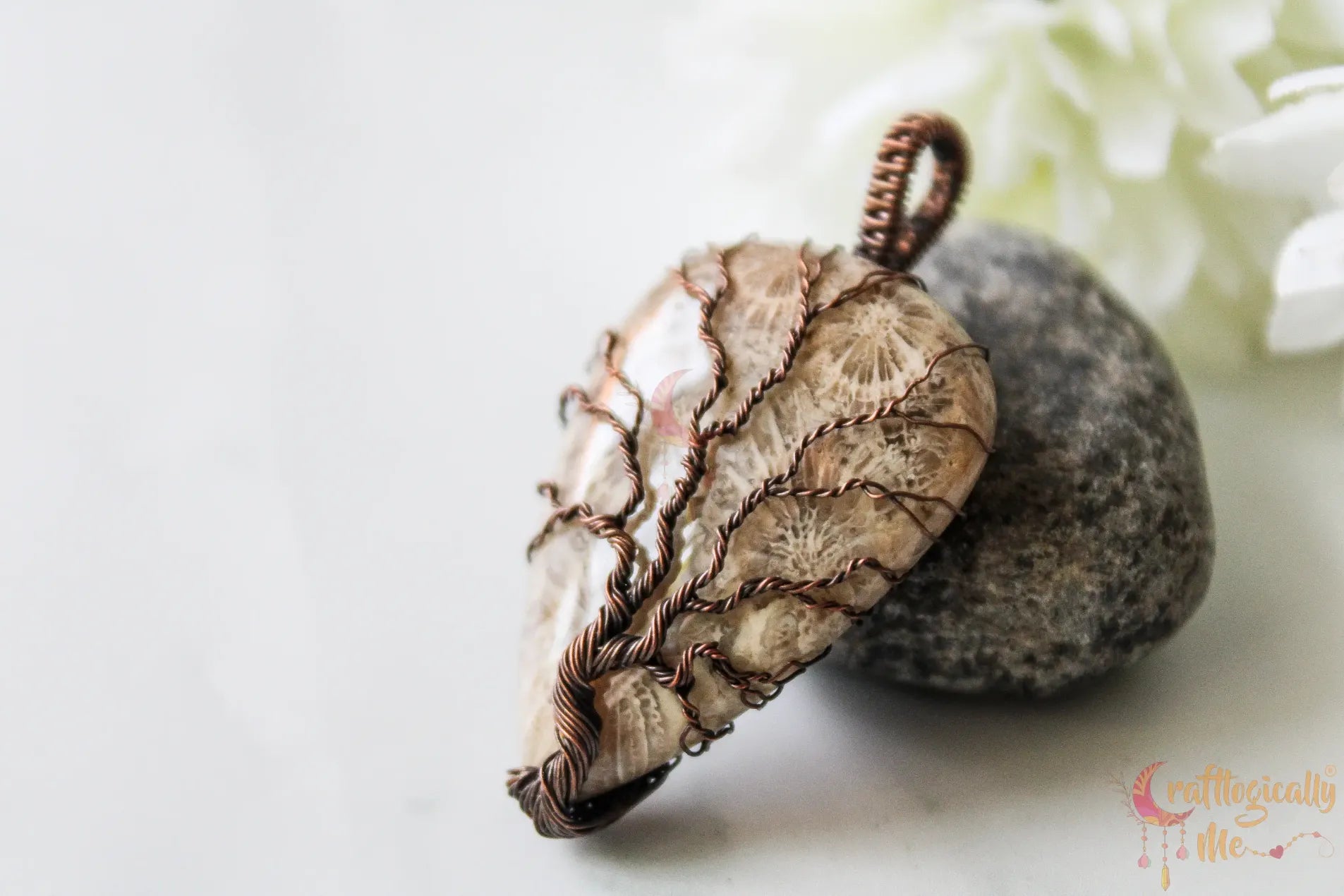 Fossil Jasper Gemstone Tree of Life Pendant – Handmade Oxidized Copper Wire Wrapped Jewelry