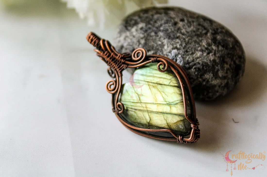 Green Labradorite Gemstone Heart Pendant – Handmade Oxidized Copper Wire Wrapped Jewelry
