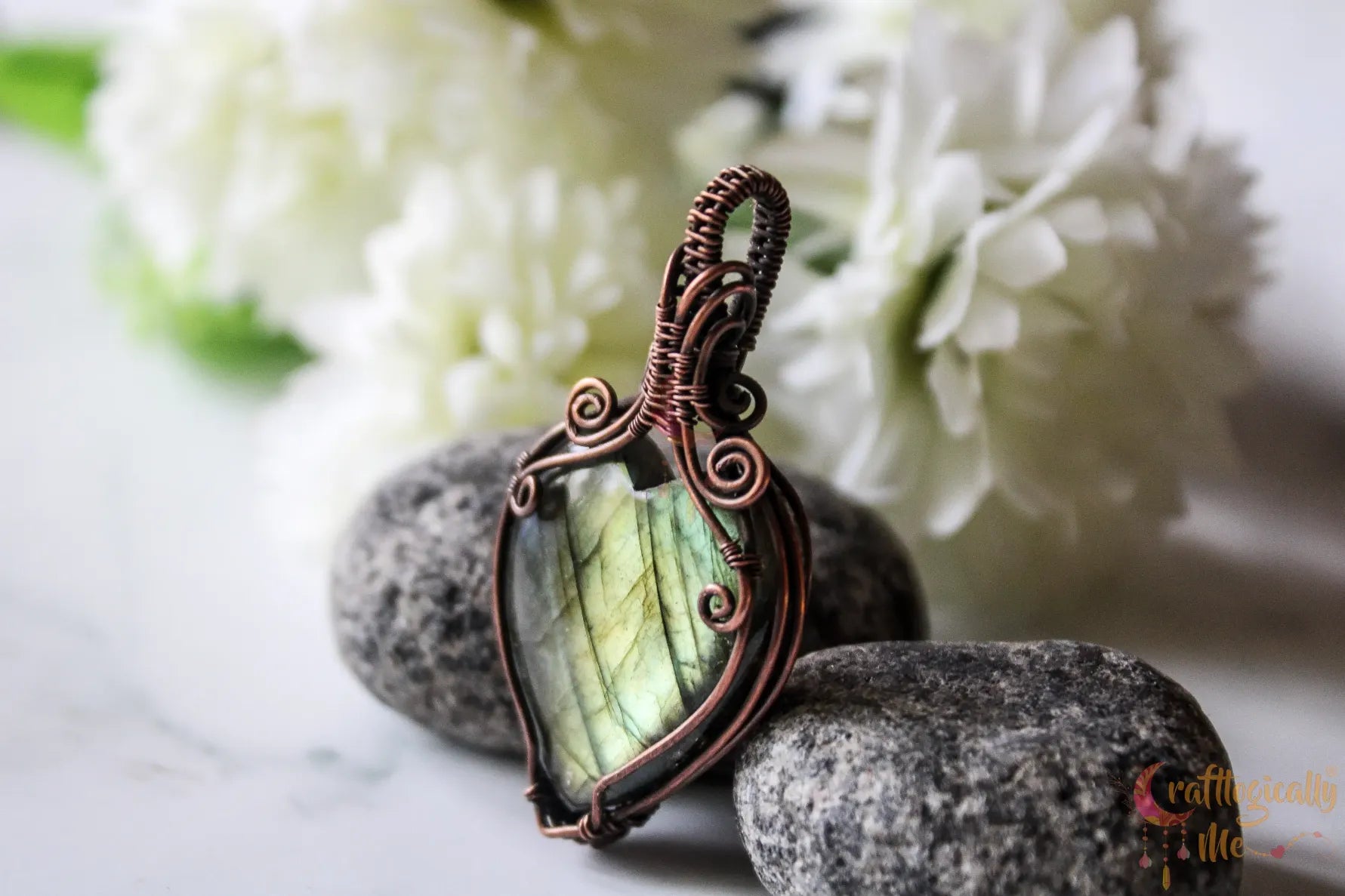 Green Labradorite Gemstone Heart Pendant – Handmade Oxidized Copper Wire Wrapped Jewelry