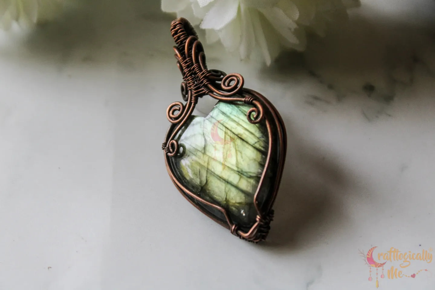 Green Labradorite Gemstone Heart Pendant – Handmade Oxidized Copper Wire Wrapped Jewelry