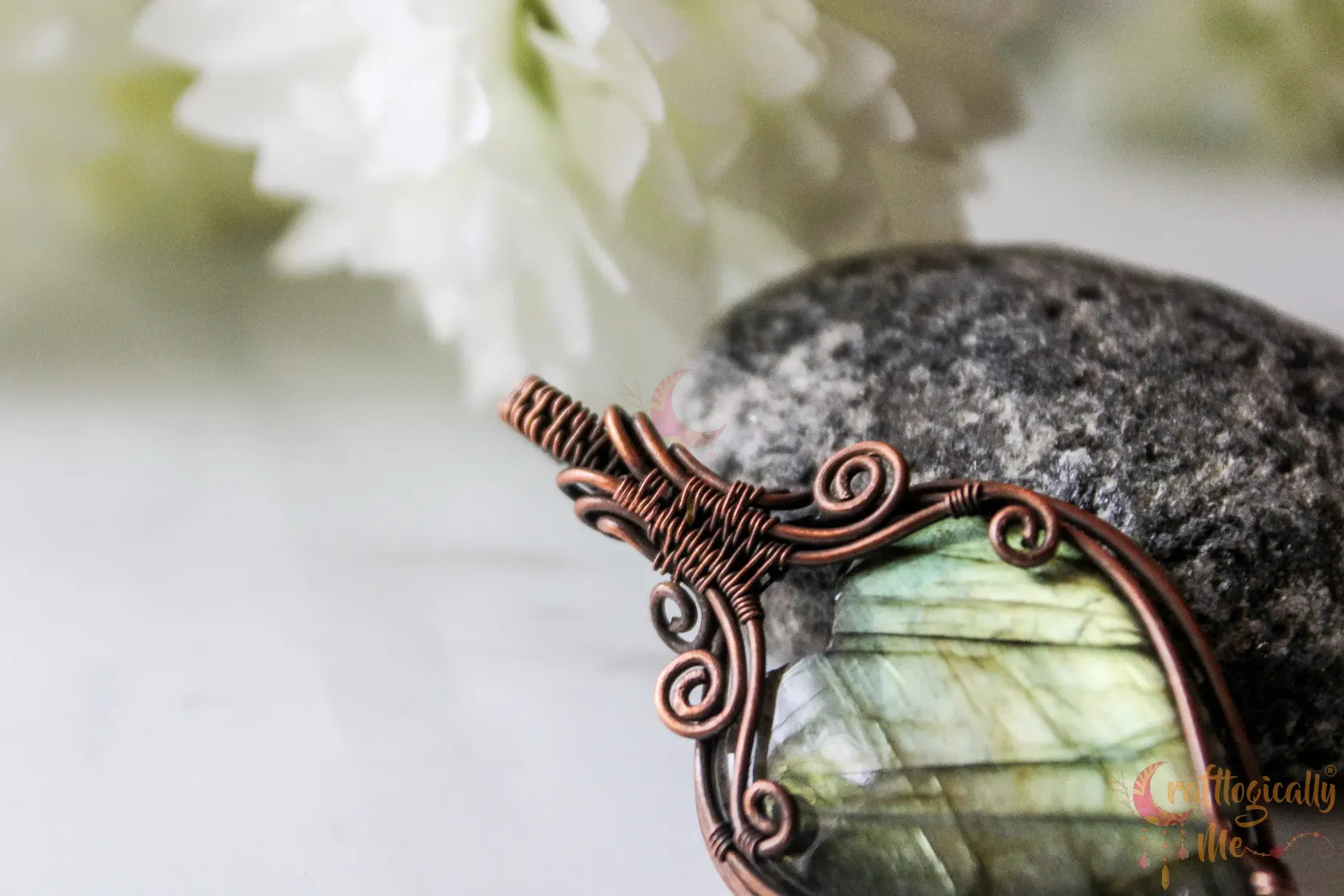 Green Labradorite Gemstone Heart Pendant – Handmade Oxidized Copper Wire Wrapped Jewelry