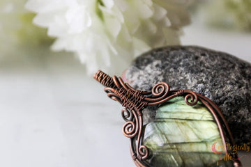 Green Labradorite Gemstone Heart Pendant – Handmade Oxidized Copper Wire Wrapped Jewelry