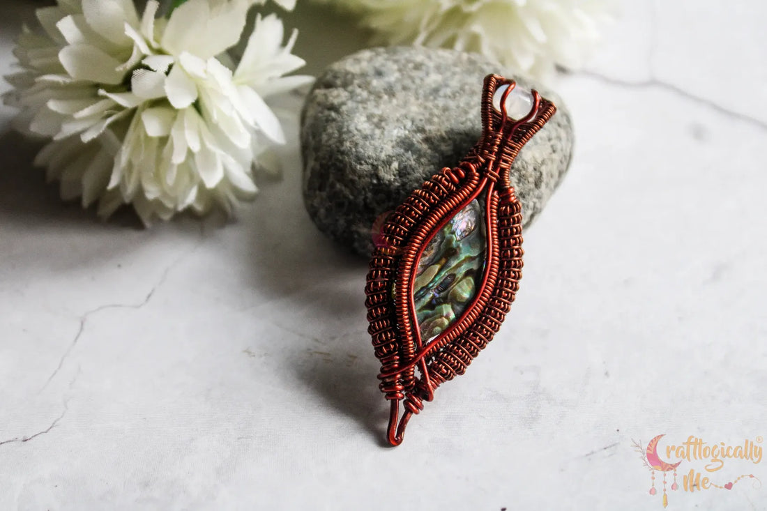 Abalone Marquee Coiled Coil Wire Wrap Pendant – Handmade Anti-Tarnish Copper Jewelry