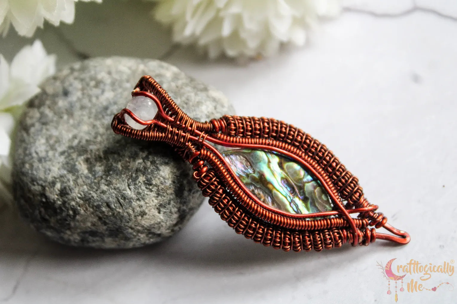 Abalone Marquee Coiled Coil Wire Wrap Pendant – Handmade Anti-Tarnish Copper Jewelry