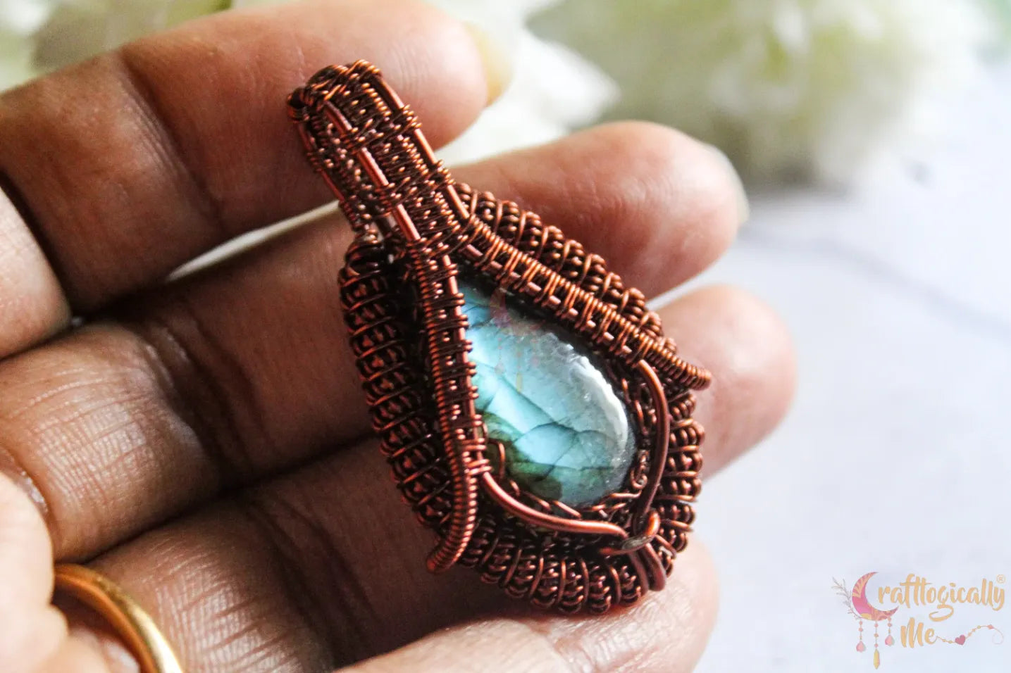Blue Labradorite Coiled Wire Wrap Drop Pendant – Handmade Anti-Tarnish Copper Jewelry