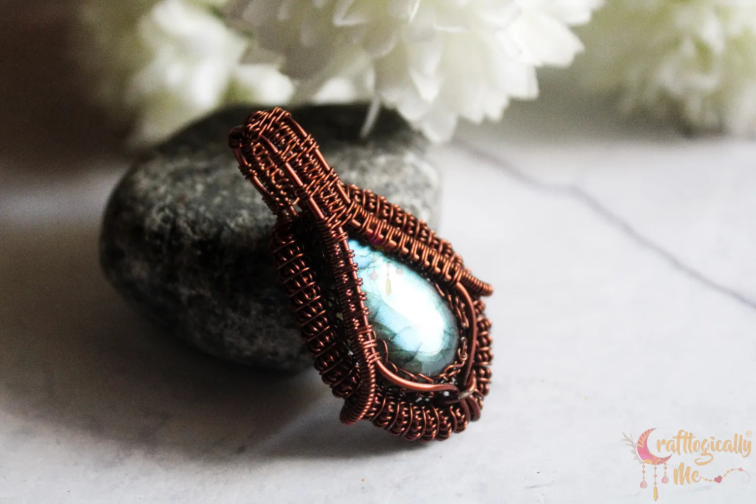 Blue Labradorite Coiled Wire Wrap Drop Pendant – Handmade Anti-Tarnish Copper Jewelry