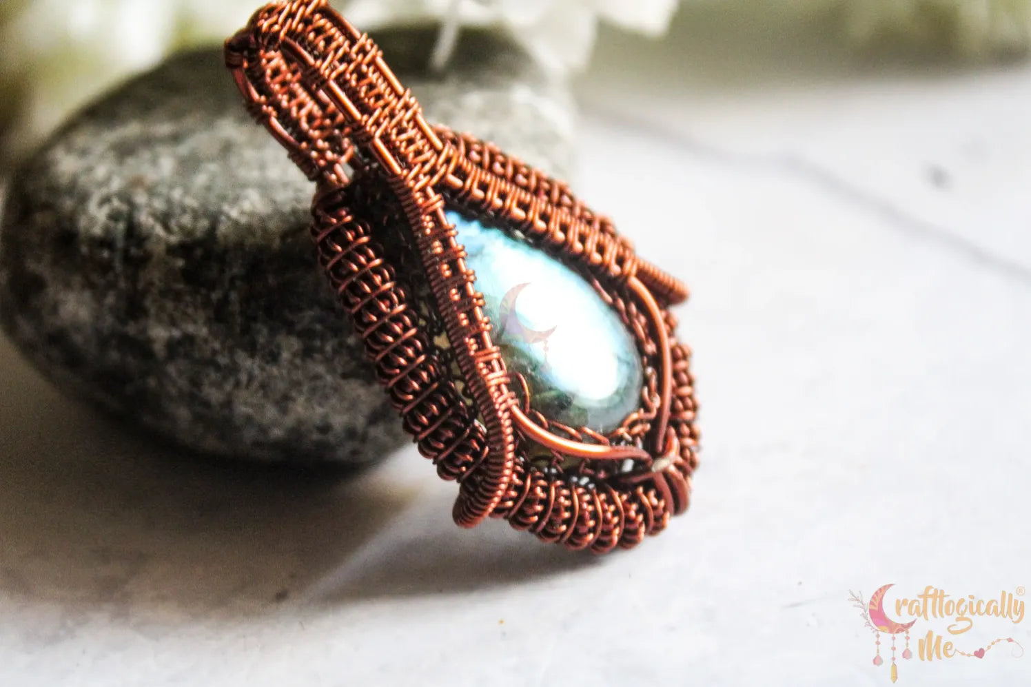 Blue Labradorite Coiled Wire Wrap Drop Pendant – Handmade Anti-Tarnish Copper Jewelry