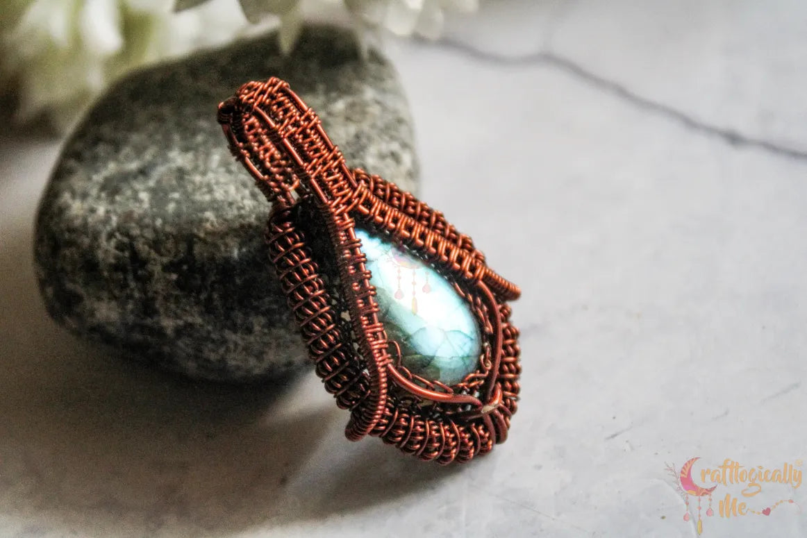 Blue Labradorite Coiled Wire Wrap Drop Pendant – Handmade Anti-Tarnish Copper Jewelry