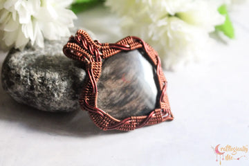 Fire Sheen Obsidian Heart Criss Cross Wire Wrap Pendant – Handmade Anti-Tarnish Copper Jewelry