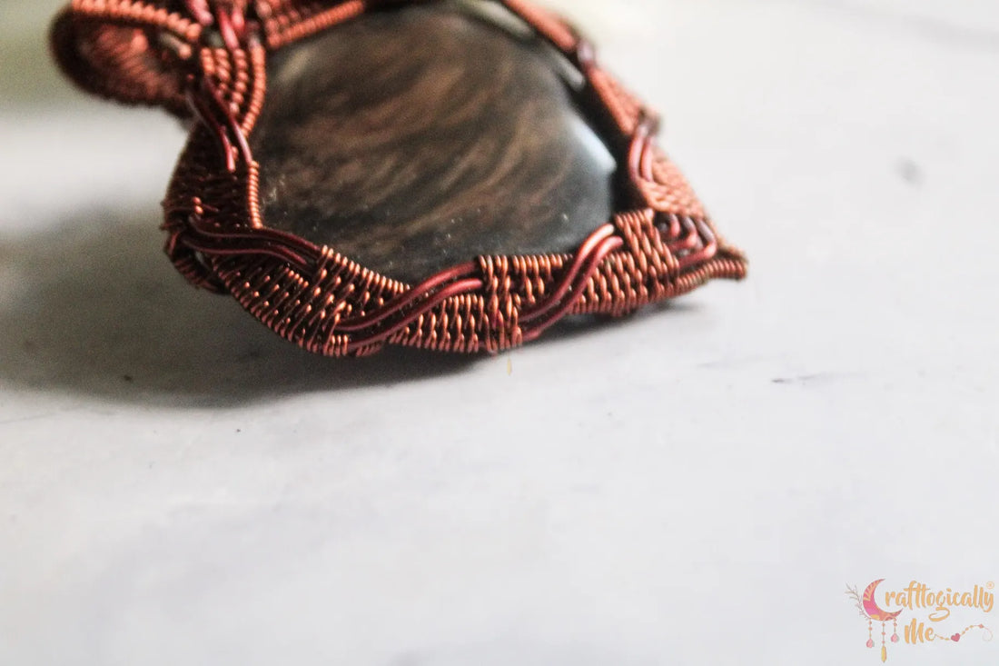 Fire Sheen Obsidian Heart Criss Cross Wire Wrap Pendant – Handmade Anti-Tarnish Copper Jewelry