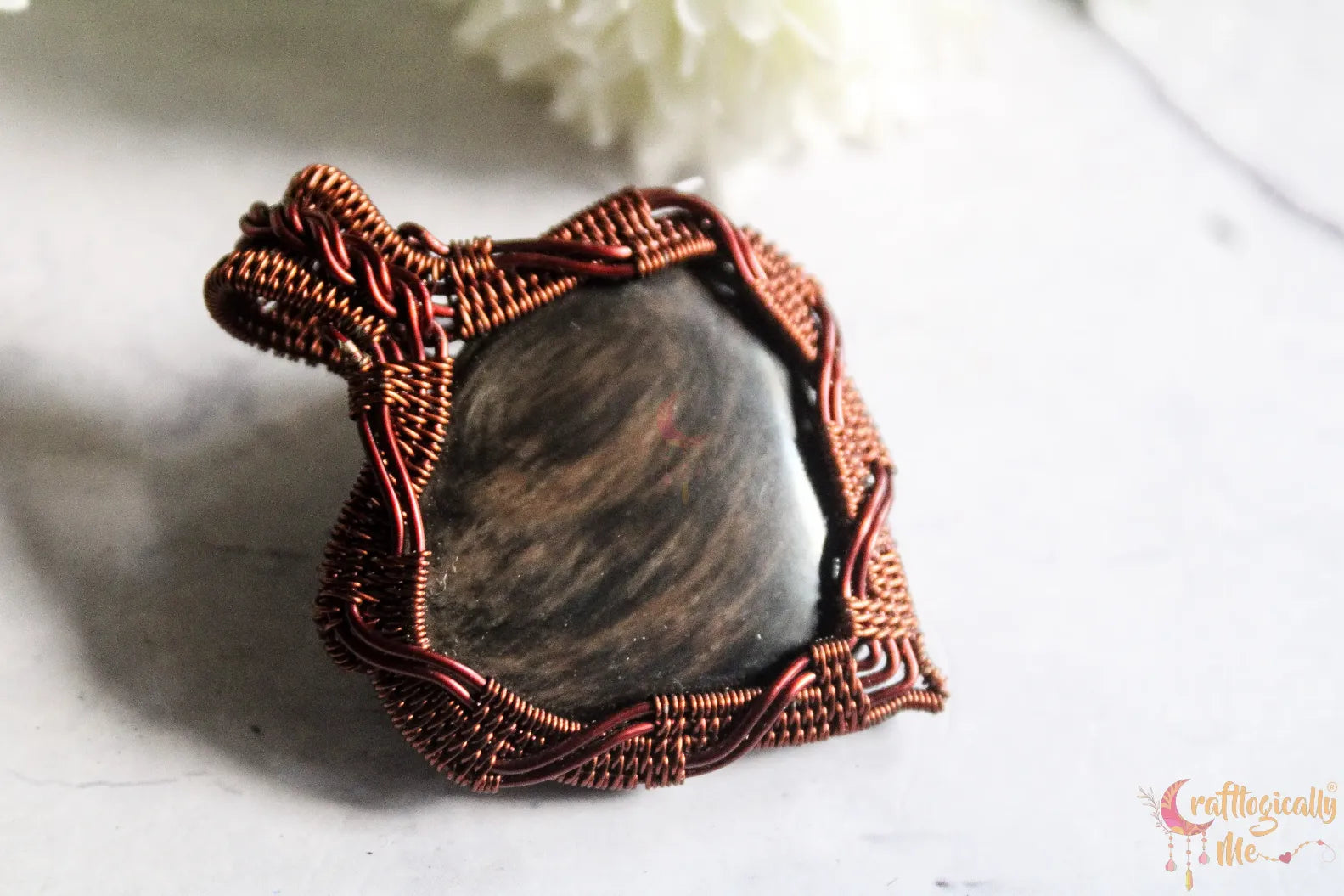 Fire Sheen Obsidian Heart Criss Cross Wire Wrap Pendant – Handmade Anti-Tarnish Copper Jewelry