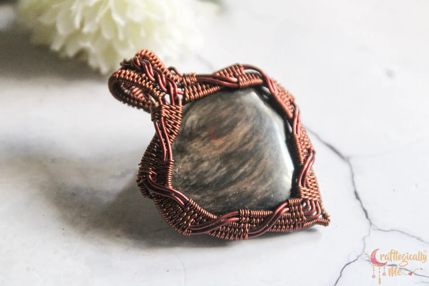 Fire Sheen Obsidian Heart Criss Cross Wire Wrap Pendant – Handmade Anti-Tarnish Copper Jewelry