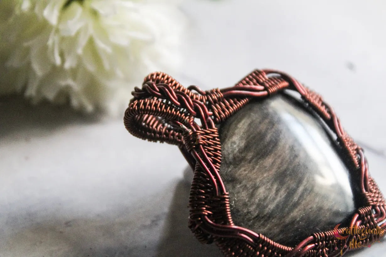 Fire Sheen Obsidian Heart Criss Cross Wire Wrap Pendant – Handmade Anti-Tarnish Copper Jewelry