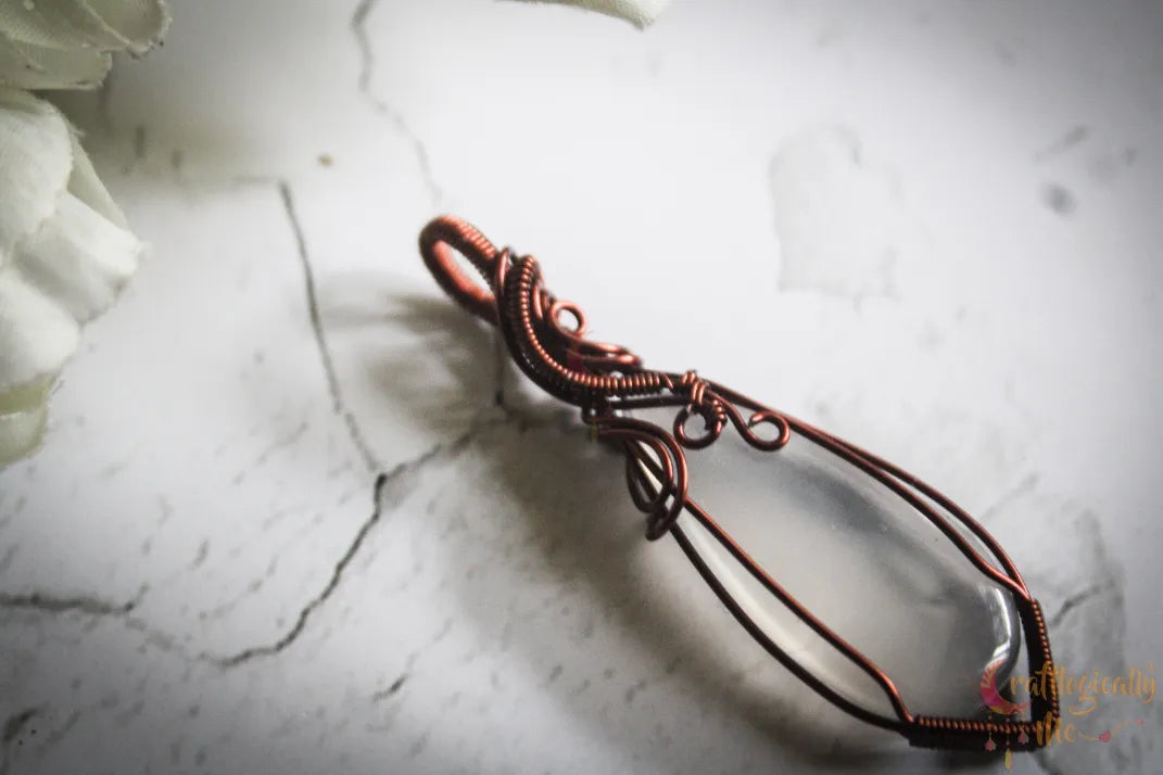 Grey Chalcedony Gemstone Minimalist Pendant – Handmade Anti-Tarnish Copper Wire Wrapped Jewelry