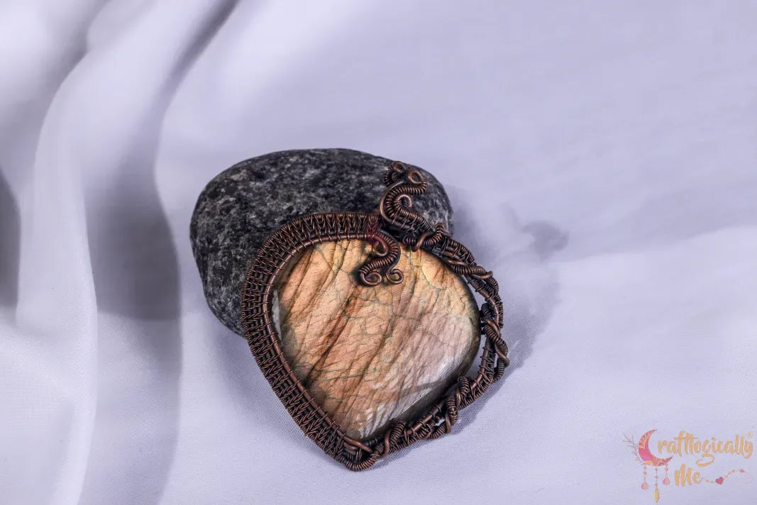 Yellow Flash Labradorite Gemstone Heart Pendant – Oxidized Copper Wire Wrapped Jewelry